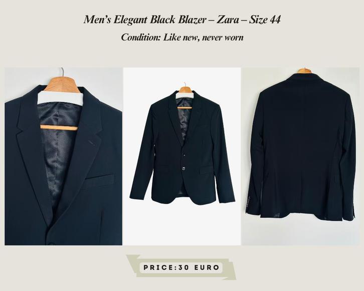 Men’s Elegant Black Blazer – Zara – Size 44 – Like New, Kleding | Heren, Kostuums en Colberts, Zo goed als nieuw, Zwart, Ophalen of Verzenden