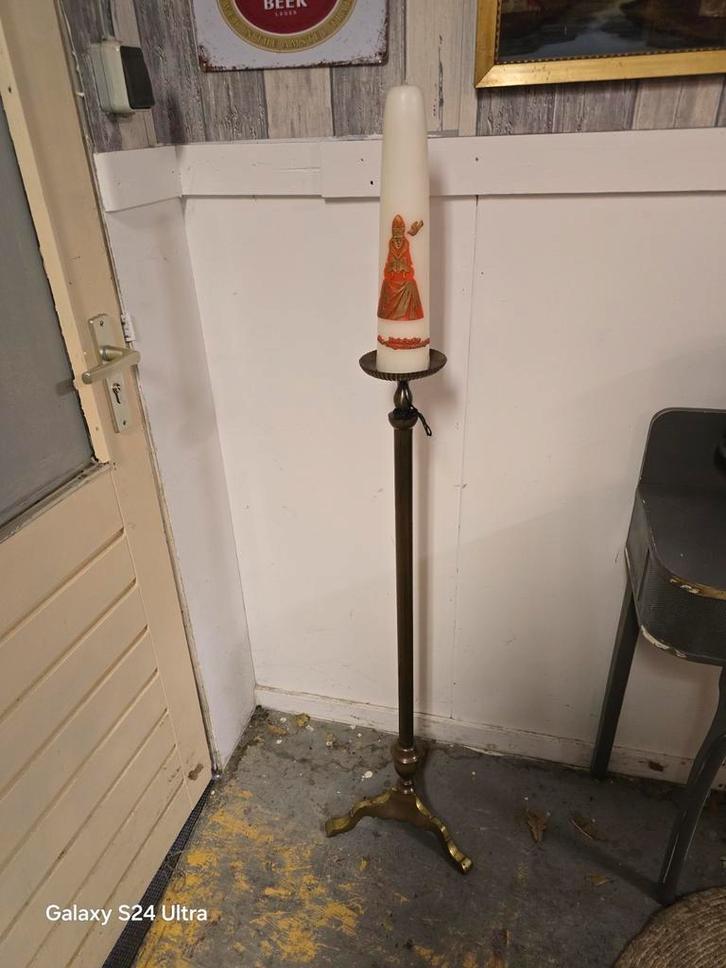 Koperen Kandelaar met religie kaars 140cm hoog, Antiek en Kunst, Antiek | Religie, Ophalen