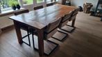 Teakhouten eettafel 220x100 + optioneel 6 stoelen, Gebruikt, Teakhout, 200 cm of meer, Vijf personen of meer