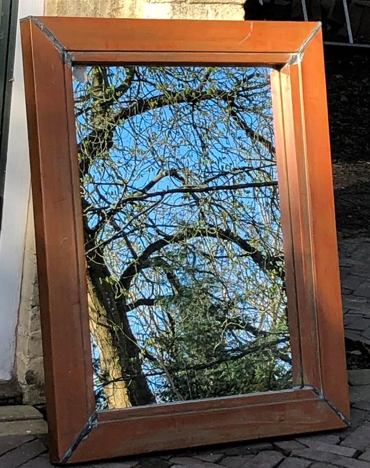 Grote spiegel met koperen lijst, Huis en Inrichting, Woonaccessoires | Spiegels, Rechthoekig, Ophalen