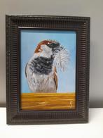 OPRUIMING schilderij mus met veer - eigen werk - met lijst, Minder dan 50 cm, Nieuw, Ophalen of Verzenden, Schilderij