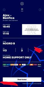 Ticket Ajax - Benfica | Vak 113, Tickets en Kaartjes, Sport | Voetbal, Losse kaart, Eén persoon, November, Europa of Champions League