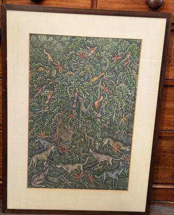 Belinees tempera schilderij Pengosekan Bali, dieren jungle beschikbaar voor biedingen