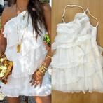 Witte zomerjurk met ruches en spaghettibandjes – One Size, Maat 38/40 (M), Wit, Nieuw, Ophalen of Verzenden