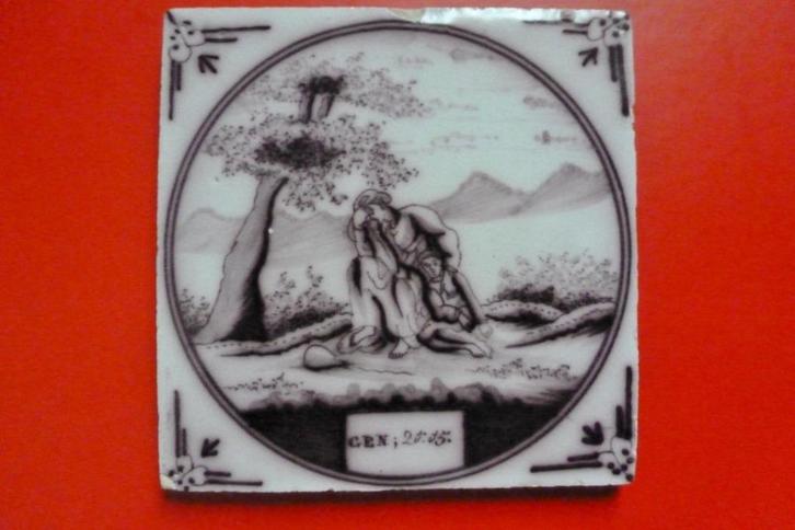 Prachtige 18e eeuwse BIJBEL tegel met HAGAR en ISMAËL!, Antiek en Kunst, Antiek | Wandborden en Tegels, Ophalen of Verzenden