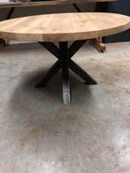 Eikenhouten tafel 130 cm rond met stalen spinpoot blad 5 cm., Huis en Inrichting, Rond, Ophalen of Verzenden, Zo goed als nieuw