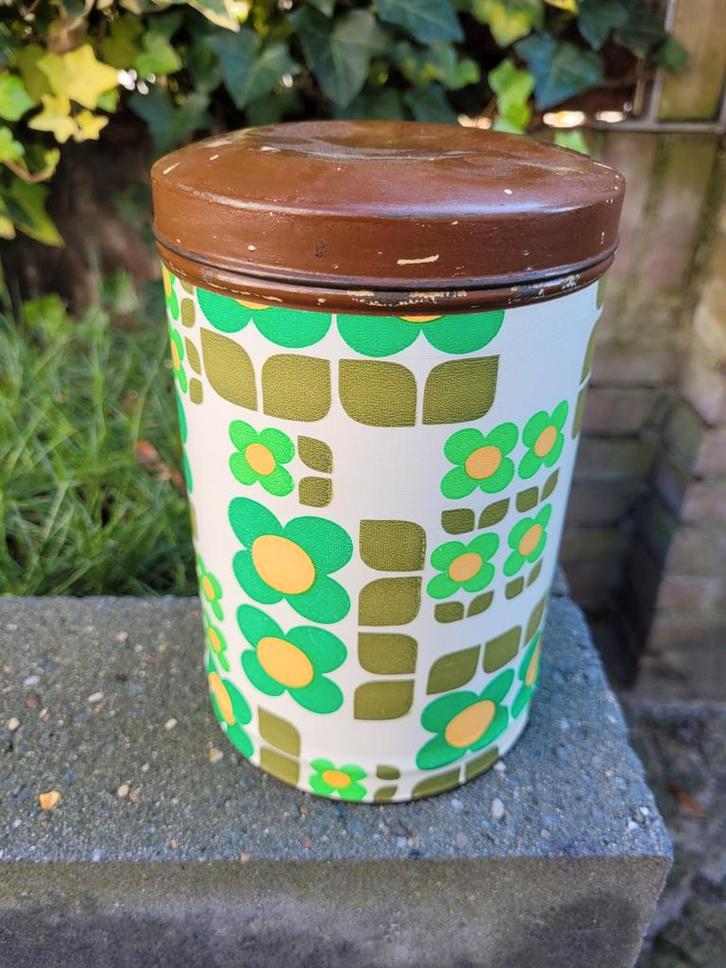 Vintage blik groen/bruin met bloemen, Verzamelen, Blikken, Gebruikt, Overige, Ophalen