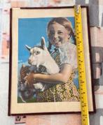 Vintage meisje met geit, glas glazen wanddecoratie 20x27cm, Gebruikt, Ophalen of Verzenden, H, H