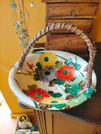 Vintage fruitschaal serveer schaal keramiek hengsel bloemen, Ophalen of Verzenden