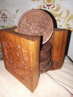 6 Vintage sandelhouten Indiase onderzetters, set in houder, Verzenden