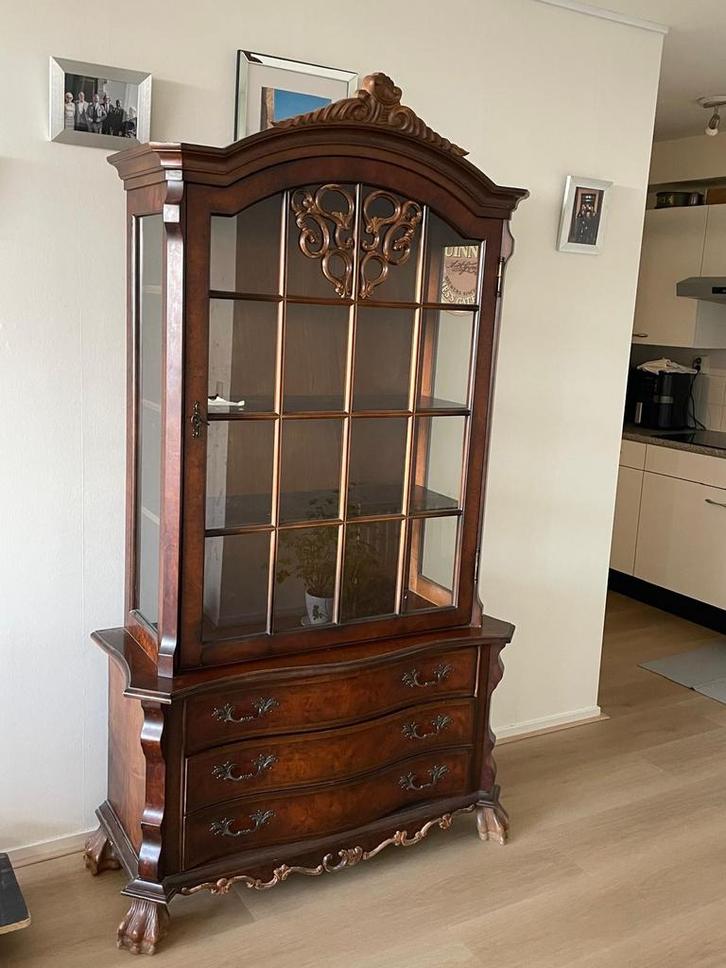 Antieke vitrinekast met lades, Huis en Inrichting, Kasten | Buffetkasten, Gebruikt, 150 tot 200 cm, 100 tot 150 cm, 25 tot 50 cm