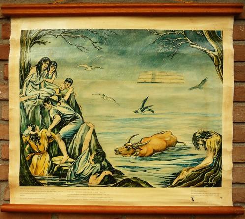 Oude schoolplaat met de ark van Noach en de zondvloed, Antiek en Kunst, Antiek | Schoolplaten, Geschiedenis, Ophalen of Verzenden