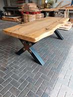 Eiken tafel 8 cm dik met stalen kruispoten, Ophalen, Zo goed als nieuw, Rechthoekig