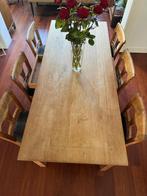 Teakhouten eettafel + 6 beklede stoelen, Huis en Inrichting, Tafels | Eettafels, 200 cm of meer, Gebruikt, Rechthoekig, Ophalen