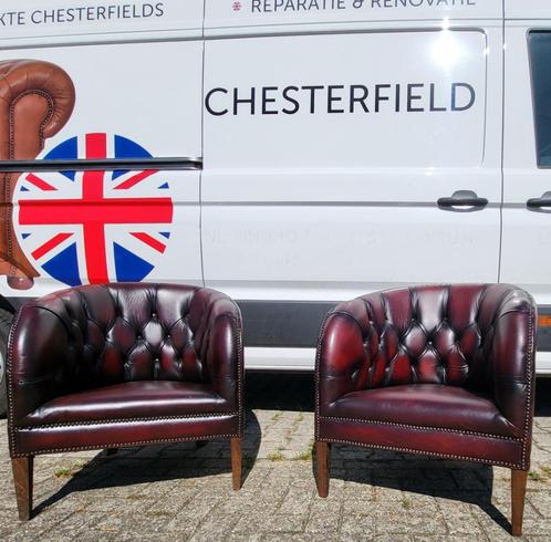 Chesterfield fauteuils.Chesterfield kuipjes in rood leer set, Huis en Inrichting, Fauteuils, Gebruikt, Leer, 75 tot 100 cm, Ophalen