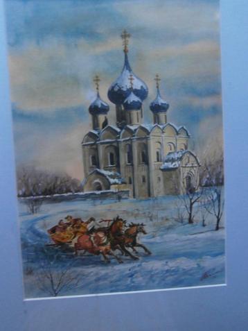 Pr. Russisch Schild. Sneeuwsituatie metPaarden en Kerkje  beschikbaar voor biedingen