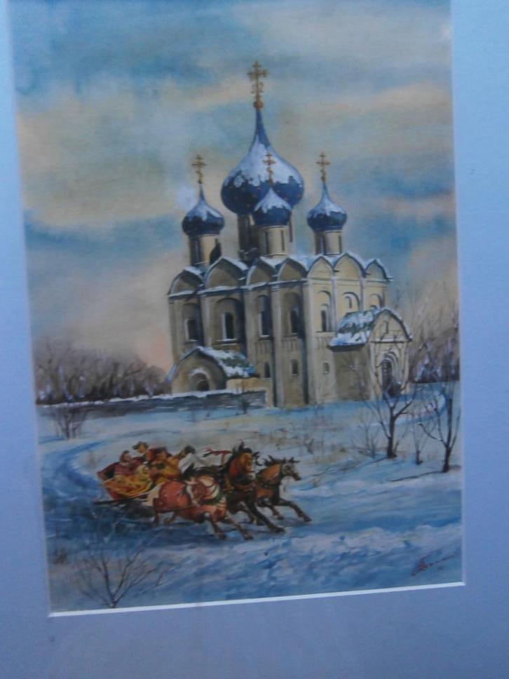 Pr. Russisch Schild. Sneeuwsituatie metPaarden en Kerkje, Antiek en Kunst, Kunst | Niet-Westerse kunst, Ophalen of Verzenden