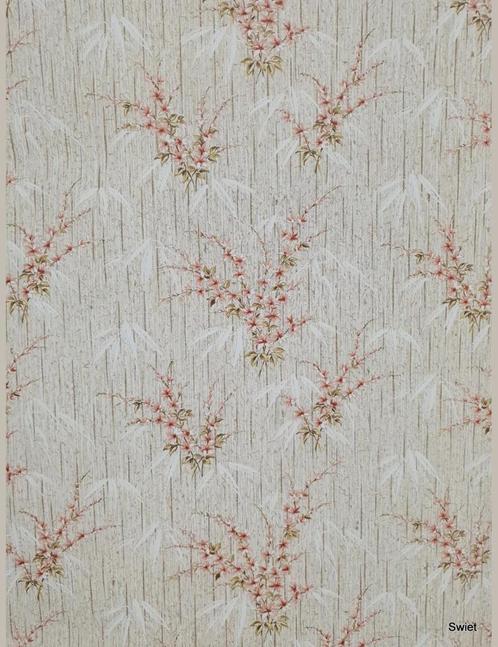 13936 Japans behang met bloesemtakken en een jute look swiet, Huis en Inrichting, Stoffering | Behang, Wit, Beige, Roze, minder dan 10 m²