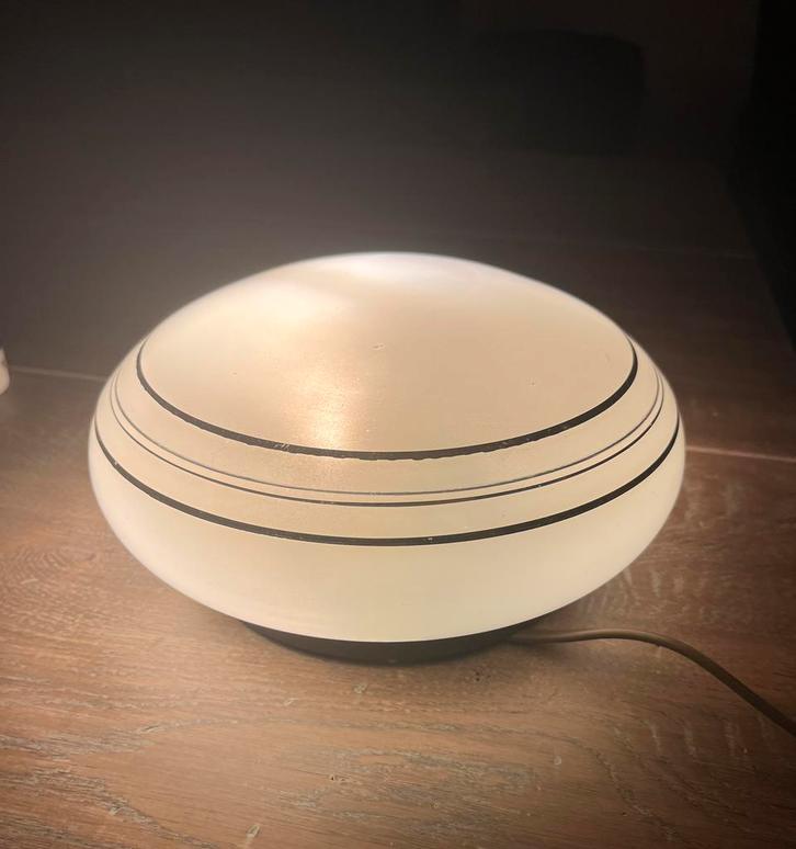 Vintage plafondlamp créme glas met decoratieve gouden ringen, Huis en Inrichting, Lampen | Plafondlampen, Gebruikt, Glas, Ophalen of Verzenden