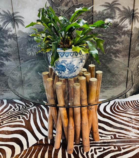 RETRO VINTAGE DUURZAAM BAMBOE EETTAFEL MET ROND GLAZEN BLAD, Huis en Inrichting, Tafels | Eettafels, Zo goed als nieuw, 50 tot 100 cm