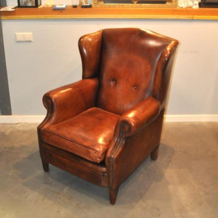 Oorfauteuil schapenleer, Huis en Inrichting, Fauteuils, Gebruikt, Leer, Minder dan 50 cm, Ophalen