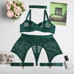 Groen doorzichtig mesh lingerie setje string bh jarretels, Kleding | Dames, Ondergoed en Lingerie, Verzenden, Groen, Setje
