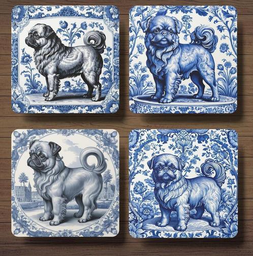 Griffon Bruxellois Delfts Blauw onderzetters met houder, Huis en Inrichting, Woonaccessoires | Onderzetters, Nieuw, Glas of Kopje
