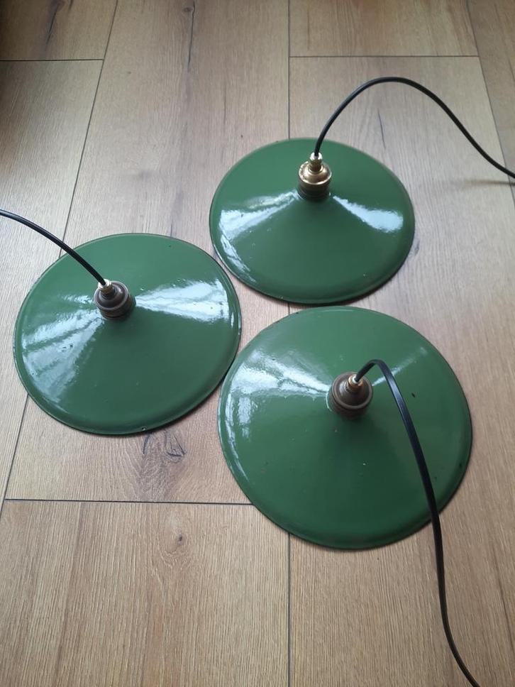 Groene Emaille Hanglamp - Schoenmakerslamp - Vintage, Huis en Inrichting, Lampen | Hanglampen, Gebruikt, Minder dan 50 cm, Metaal