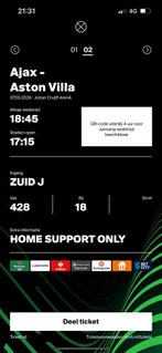 Ajax Aston villa vak 428 1 kaartje, Tickets en Kaartjes, Maart, Losse kaart, Europa of Champions League, Eén persoon