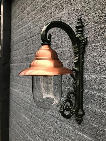 Nostalgische Wandlamp Groen Koperen beugel & Glazen Kap beschikbaar voor biedingen