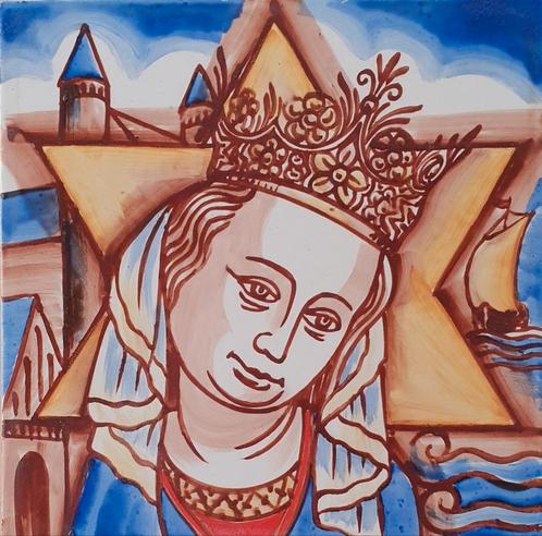 Handgeschilderde tegel van de heilige Maria, Sterre der zee, Verzamelen, Religie, Zo goed als nieuw, Christendom | Katholiek, Overige typen