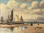 Leen van Vugt, bomschuiten aan het Noordzee strand, Antiek en Kunst, Kunst | Schilderijen | Klassiek, Ophalen of Verzenden