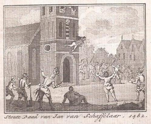 Barneveld. Stoute Daad van Jan van Schaffelaar 1482 Kopergra, Antiek en Kunst, Kunst | Etsen en Gravures, Ophalen of Verzenden