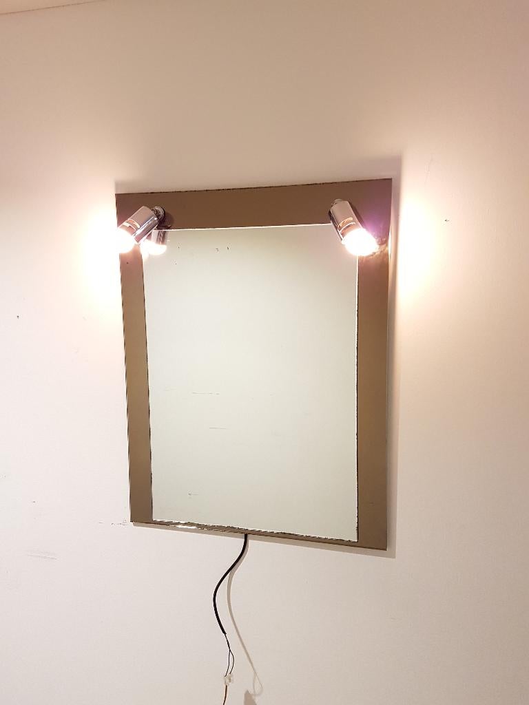 Vintage two-tone spiegel met 2 lampen, Ophalen, Gebruikt, Minder dan 100 cm, Rechthoekig