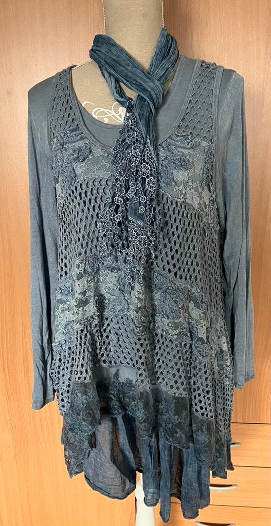 Twee delige tuniek met sjaal maat 46(v), Kleding | Dames, Blouses en Tunieken, Zo goed als nieuw, Maat 46/48 (XL) of groter, Blauw