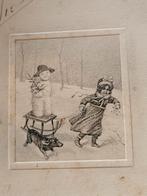 kind, hond en sneeuwpop op de slee, Ophalen of Verzenden