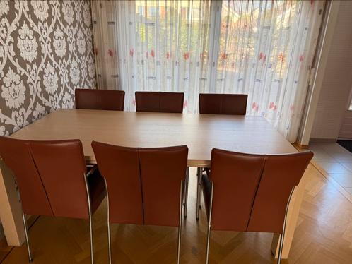 Bert Plantagie eetkamer tafel met zes rode leren stoelen, Huis en Inrichting, Complete eetkamers, Gebruikt, Ophalen