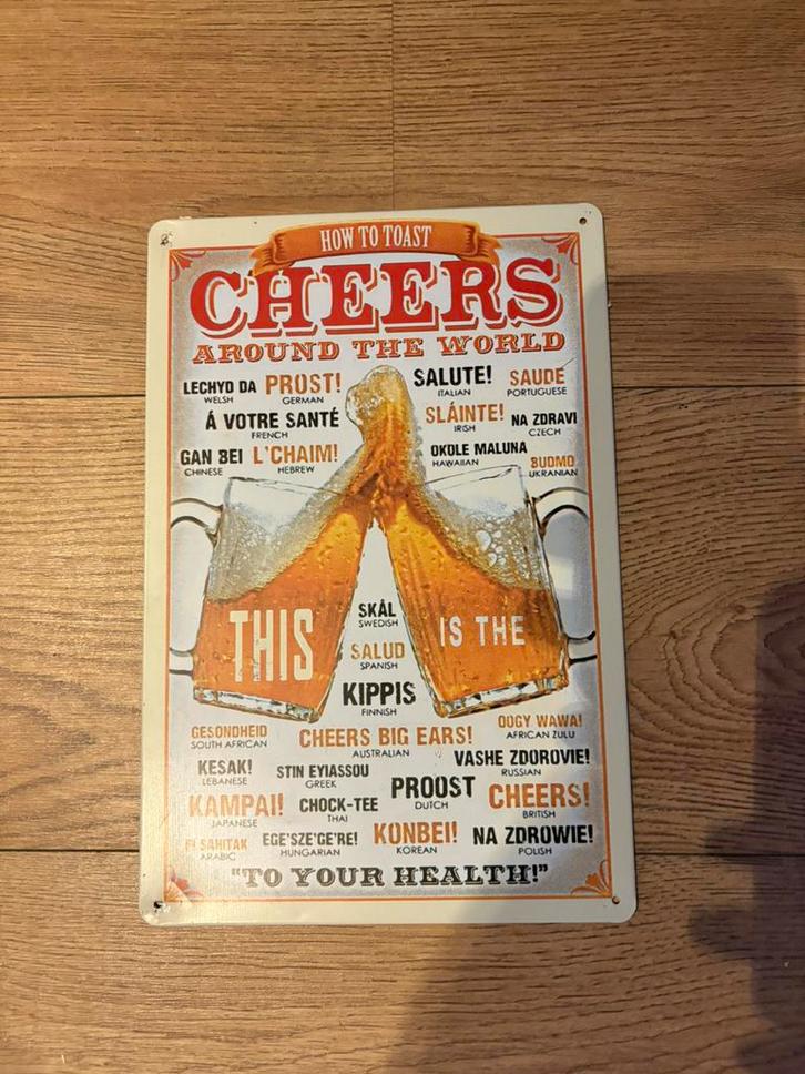 How to cheers” Bord – Grappige wereldse decoratie voor bar, Antiek en Kunst, Antiek | Wandborden en Tegels, Ophalen