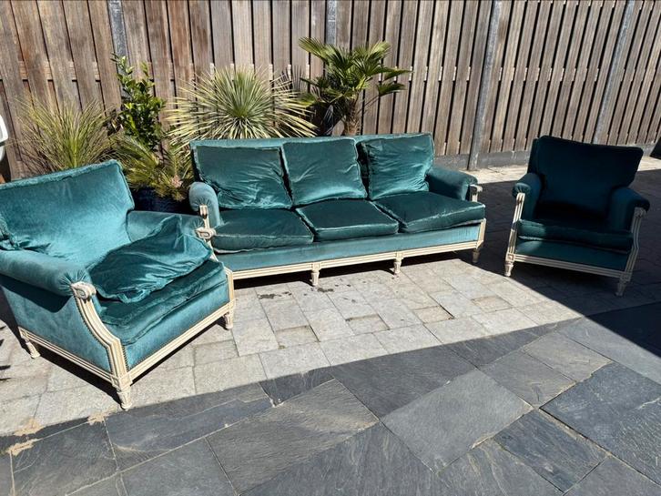 Super mooi bankstel met stoelen. Antiek brocant Frans., Huis en Inrichting, Banken | Bankstellen, Gebruikt, Rechte bank, Driepersoons