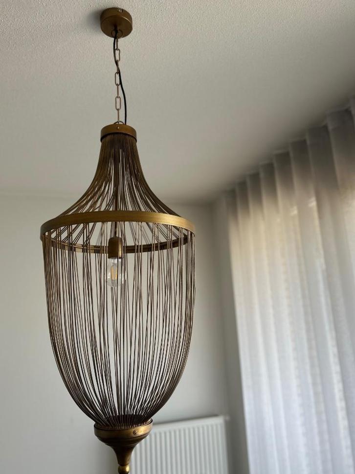 Grote goud/bronzen design hanglamp – luxe uitstraling, Huis en Inrichting, Lampen | Kroonluchters, Zo goed als nieuw, Metaal, Ophalen