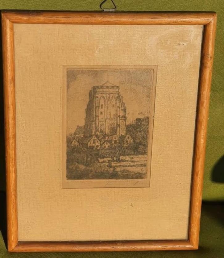 Ets J. Scherft Zierikzee kerk gesigneerd joh D Scherft, Antiek en Kunst, Kunst | Etsen en Gravures, Ophalen