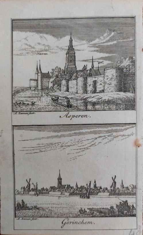 3 / Asperen en Gorinchem - Gravure A. Zeeman uit 1730, Antiek en Kunst, Kunst | Etsen en Gravures, Ophalen of Verzenden