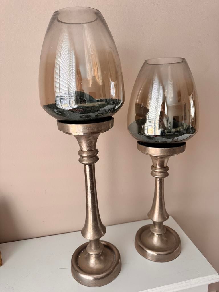 Set van gerookte glazen windlichten, Huis en Inrichting, Woonaccessoires | Kandelaars en Kaarsen, Ophalen, Zo goed als nieuw, Metaal
