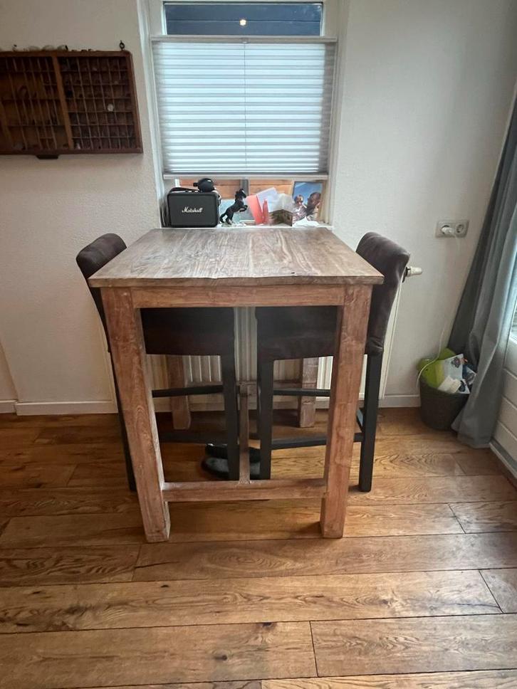 Houten bartafel met 2 barkrukken, Huis en Inrichting, Tafels | Statafels, Gebruikt, Ophalen