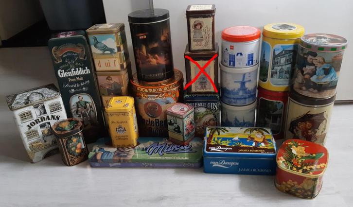 Set van 22 blikken en vintage retro blikken, Verzamelen, Blikken, Gebruikt, Overige, Overige merken, Ophalen of Verzenden