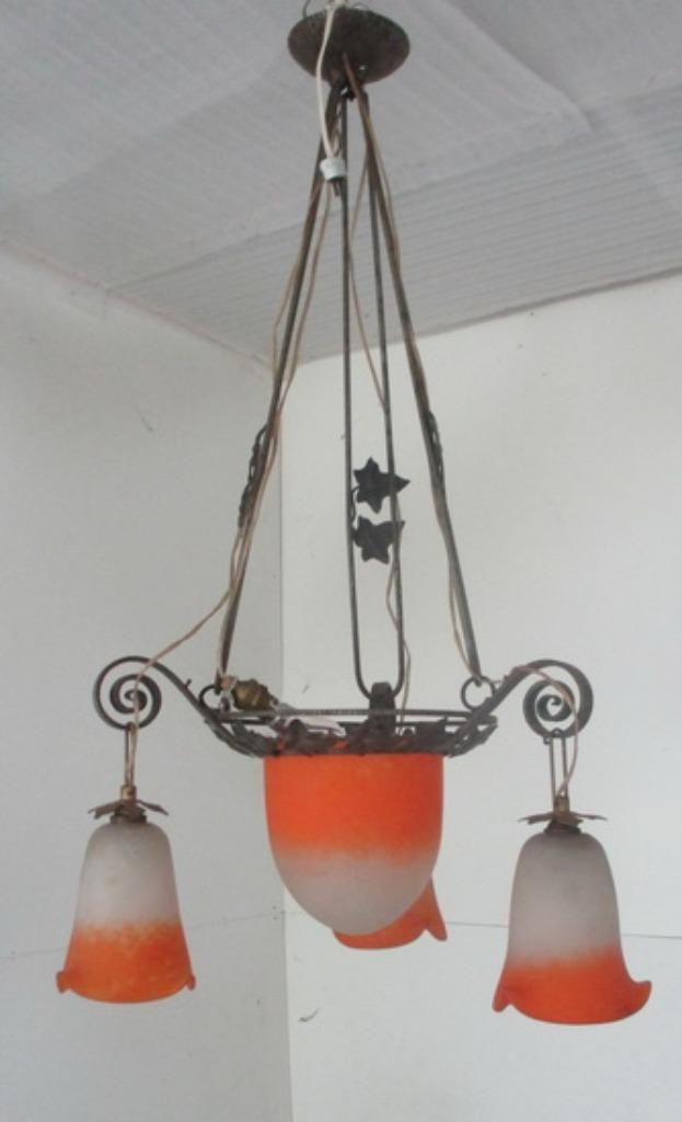 vintage pate de verre luster Rethondes coup & drie kappen, Antiek en Kunst, Antiek | Lampen, Ophalen