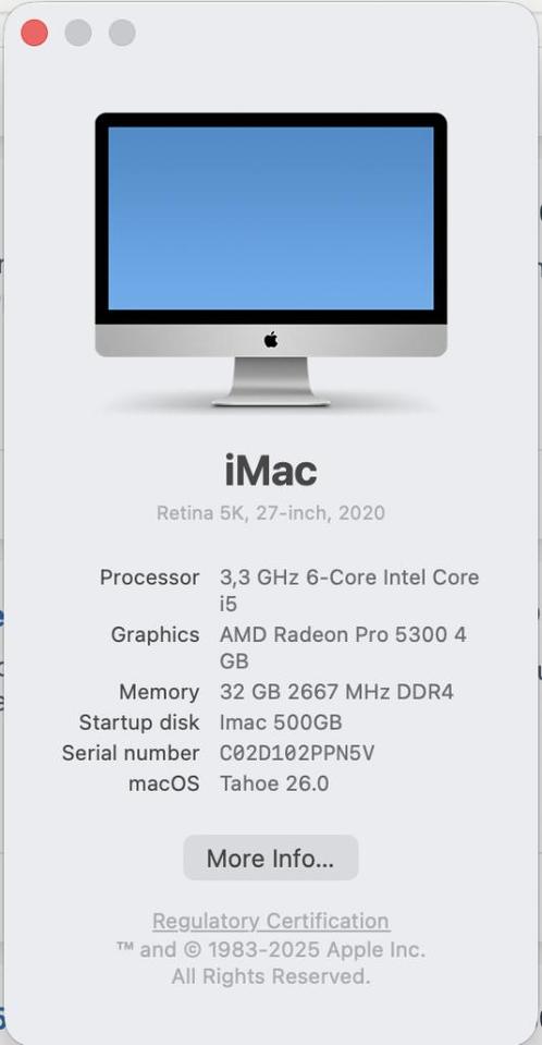 iMac 2020 5K met 32 GB intern geheugen, draait al op Tahoe 2, Computers en Software, Apple Desktops, Zo goed als nieuw, iMac, SSD