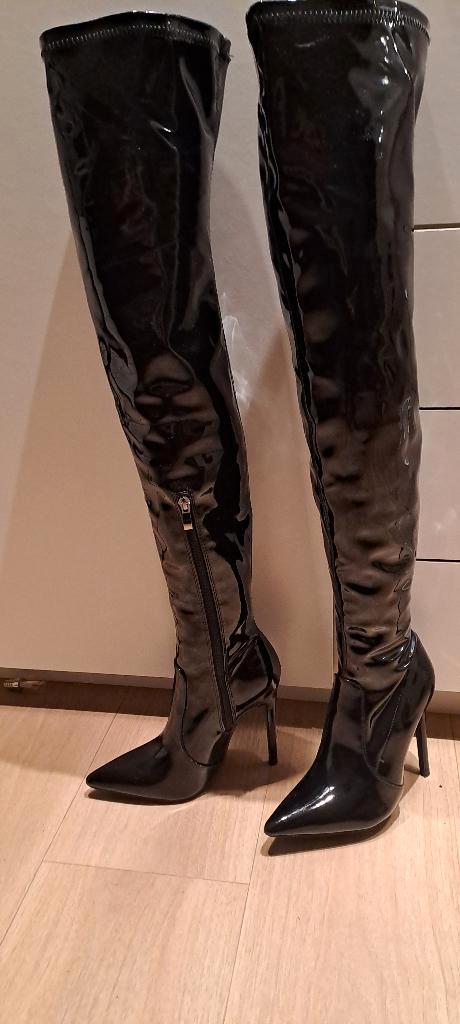 Zwarte overknee lak laarzen stiletto hak, Kleding | Dames, Schoenen, Zo goed als nieuw, Hoge laarzen, Zwart, Verzenden