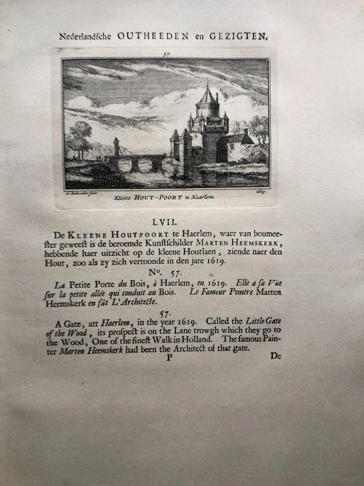057 / Haarlem De Kleine Houtpoort Kopergravure 1731, Antiek en Kunst, Kunst | Etsen en Gravures, Ophalen of Verzenden