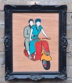 Verliefd stel op scooter.  Acryl/paneel.  30/36 cm., Antiek en Kunst, Ophalen